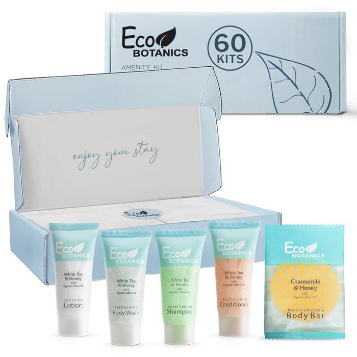 Eco Botanics Amenity Kit | Boxed Hotel Toiletries | Bulk Set .85 oz Travel Size Shampoo, Conditioner, Lotion, Body Wash & Body Bar Soap for Guest Hospitality AirBnB/Vacation Rentals | 60 sets per case