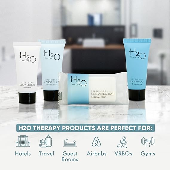 H2O Therapy Hotel Soaps and Toiletries Bulk Set | 1-Shoppe All-In-Kit Amenities for Hotels & Airbnb | 0.85 oz Hotel Shampoo, Conditioner & Lotion, 1 oz Bar Soap Travel Size | 200 Pieces