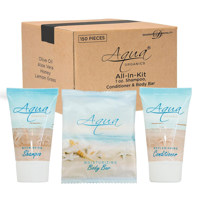Aqua Organics Hotel Soaps and Toiletries Bulk Set | 1-Shoppe All-In-Kit Amenities for Hotels & Airbnb | 1 oz Hotel Shampoo & Conditioner, 1 oz Bar Soap Travel Size | 150 Pieces
