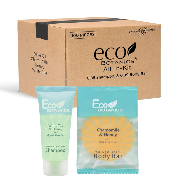 Eco Botanics Hotel Soaps and Toiletries Bulk Set | 1-Shoppe All-In-Kit Amenities for Hotels & Airbnb | 0.85 Conditioning Shampoo & 0.89 oz Bar Soap Travel Size | 100 pieces