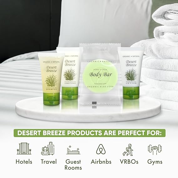 Desert Breeze Hotel Soaps and Toiletries Bulk Set | 1-Shoppe All-In-Kit Amenities for Hotels & Airbnb | 1 oz Hotel Shampoo, Conditioner & Lotion, 1 oz Bar Soap Travel Size | 200 Pieces