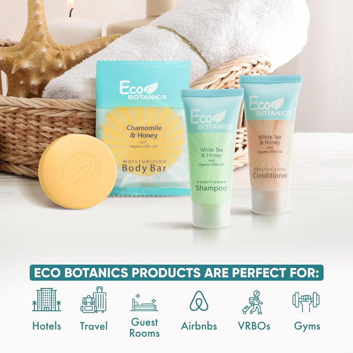 Eco Botanics Hotel Soaps and Toiletries Bulk Set | 1-Shoppe All-In-Kit Amenities for Hotels & Airbnb | 0.85 oz Hotel Shampoo & Conditioner, 0.89 oz Bar Soap Travel Size | 150 Pieces