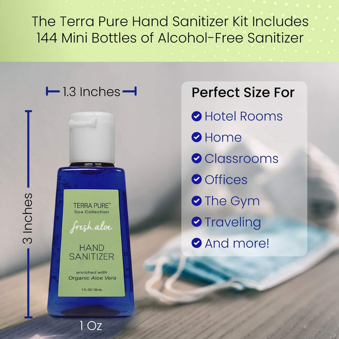 Terra Pure Hand Sanitizer Gel | Mini Hand Sanitizer Bulk | Alcohol Free with Organic Aloe Vera | 1 oz. 144 Bottles