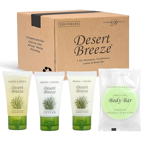 Desert Breeze Hotel Soaps and Toiletries Bulk Set | 1-Shoppe All-In-Kit Amenities for Hotels & Airbnb | 1 oz Hotel Shampoo, Conditioner & Lotion, 1 oz Bar Soap Travel Size | 200 Pieces