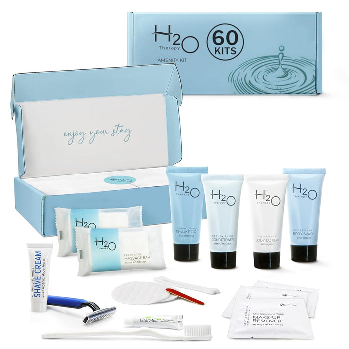 H2O Therapy Amenity & Accessory Kit | 0.85 oz Travel Size Shampoo, Conditioner, Lotion, Body Wash, Massage Bar, Cleansing Bar, Shave & Dental Sets, Make-Up Remover Wipes, & Vanity Kit | 60 sets/case