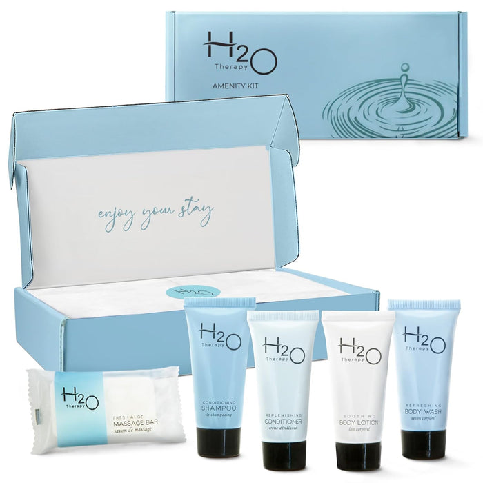 H2O Therapy Amenity Kit | Boxed Hotel Toiletries | Bulk Set 0.85 oz Travel Size Shampoo, Conditioner, Lotion, Body Wash & Body Bar Soap for Guest Hospitality AirBnB/Vacation Rentals | 1 set per case