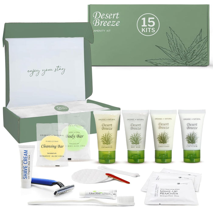 Desert Breeze Amenity & Accessory Kit | 1 oz Travel Size Shampoo, Conditioner, Lotion, Body Wash, Body Bar, Cleansing Bar, Shave & Dental Sets, Make-Up Remover Wipes, & Vanity Kit | 15 sets per case