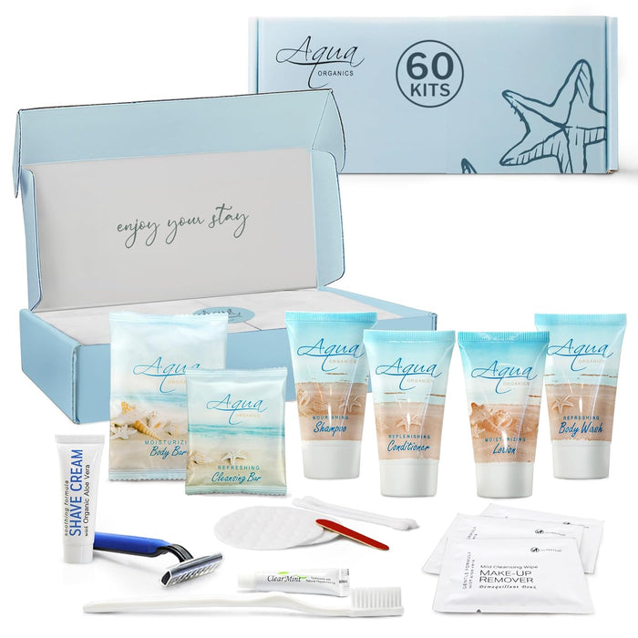 Aqua Organics Amenity & Accessory Kit | 1 oz Travel Size Shampoo, Conditioner, Lotion, Body Wash, Body Bar, Cleansing Bar, Shave & Dental Sets, Make-Up Remover Wipes, & Vanity Kit | 60 sets per case