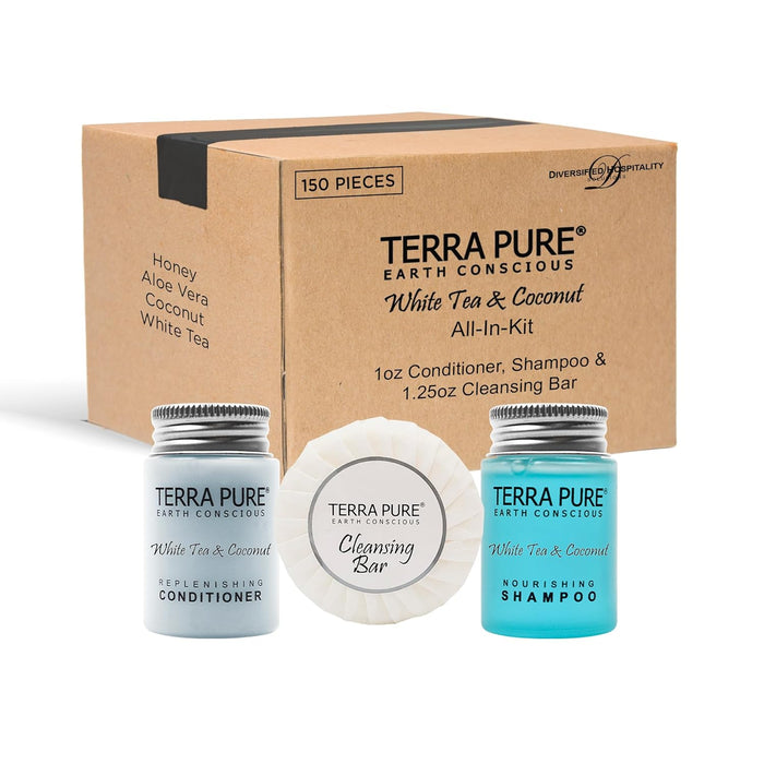 Terra Pure White Tea and Coconut Hotel Soaps and Toiletries Bulk Set | 1-Shoppe All-In-Kit Amenities for Hotels & Airbnb | 1 oz Hotel Shampoo & Conditioner, 1.25 oz Bar Soap Travel Size | 150 Pieces