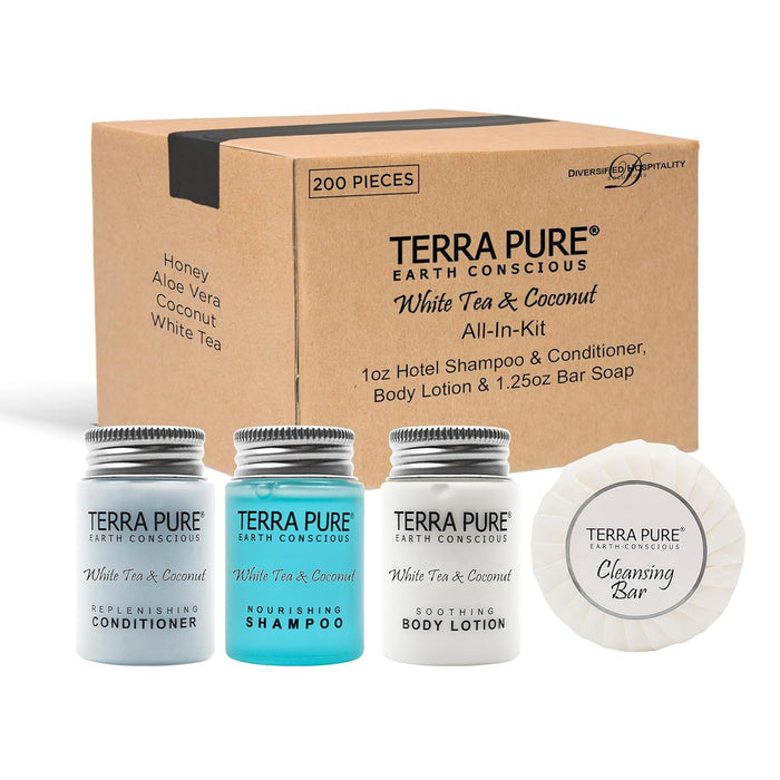 Terra Pure White Tea and Coconut Hotel Soaps and Toiletries Bulk Set|1-Shoppe All-In-Kit Amenities for Hotels & Airbnb|1 oz Hotel Shampoo, Conditioner & Lotion, 1.25 oz Bar Soap Travel Size|200 Pieces