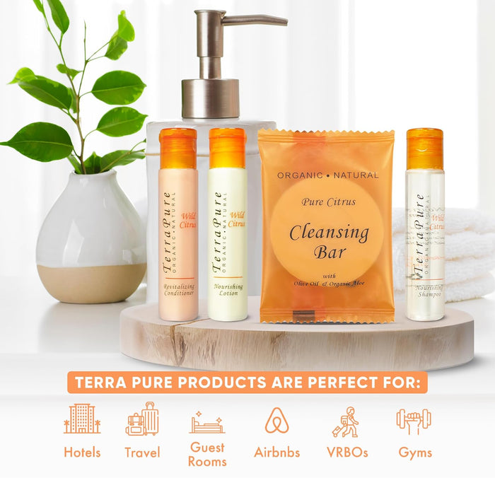 Terra Pure Wild Citrus Hotel Soaps and Toiletries Bulk Set | 1-Shoppe All-In-Kit Amenities for Hotels & Airbnb | 1 oz Shampoo, Conditioner & Lotion, 40 grams Cleansing Bar Travel Size | 200 Pieces