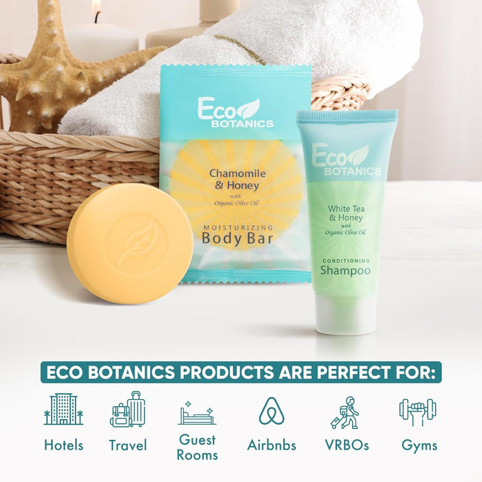 Eco Botanics Hotel Soaps and Toiletries Bulk Set | 1-Shoppe All-In-Kit Amenities for Hotels & Airbnb | 0.85 Conditioning Shampoo & 0.89 oz Bar Soap Travel Size | 100 pieces