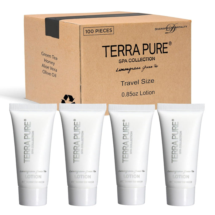 Terra Pure Spa Collection Bulk Set Toiletries | Amenities for Guest Hospitality, Vacation Rental Properties, AirBnBs, Gyms, Airport |Luxury Travel-Size Hotel Lotion 0.85 oz Tubes (Case of 100)