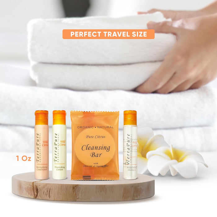 Terra Pure Wild Citrus Hotel Soaps and Toiletries Bulk Set | 1-Shoppe All-In-Kit Amenities for Hotels & Airbnb | 1 oz Shampoo, Conditioner & Lotion, 40 grams Cleansing Bar Travel Size | 200 Pieces