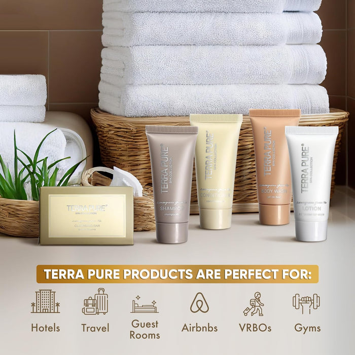 Terra Pure Spa Collection Bulk Set Toiletries | 1-Shoppe All-In-Kit Amenities for Hotels & Airbnb | 0.85 oz Hotel Shampoo & Conditioner, Body Wash, Lotion & Cleansing Bar Travel Size Tubes| 300 Pieces