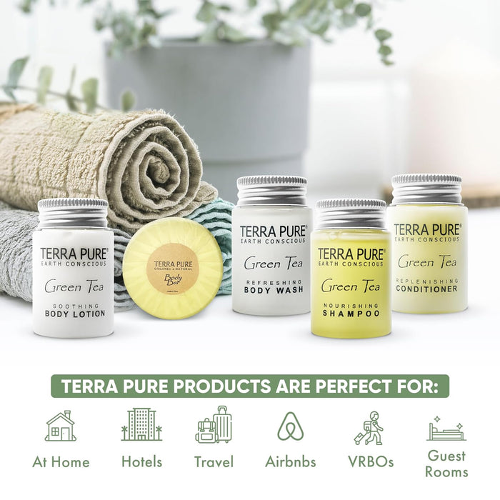 Terra Pure Hotel Soaps and Toiletries Bulk Set | 1-Shoppe All-In-Kit Amenities for Hotels | 1 oz. Hotel Shampoo & Conditioner, Body Wash, Body Lotion & 1.25oz Bar Soap Travel Size Toiletries | 75 Pieces