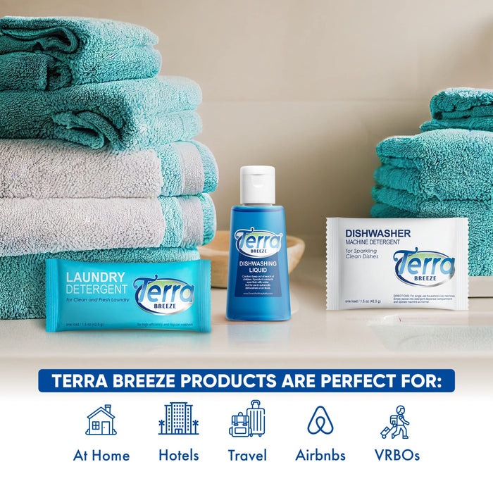 Travel Laundry Detergent & Dish Soap | Terra Breeze 1-Shoppe All-In-Kit Bulk Hotel Size Amenities for AirBnB & Rentals | Dishwashing Liquid, Dishwasher Detergent & Premeasured Laundry Soap | 180 Pcs