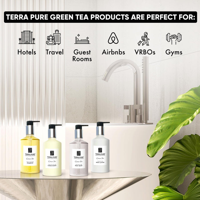 Terra Pure Green Tea | 1 Shampoo, 1 Conditioner, 1 Body Lotion & 1 Body Wash | 10.14oz Hotel Soaps and Toiletries Bulk | Personal Care Products