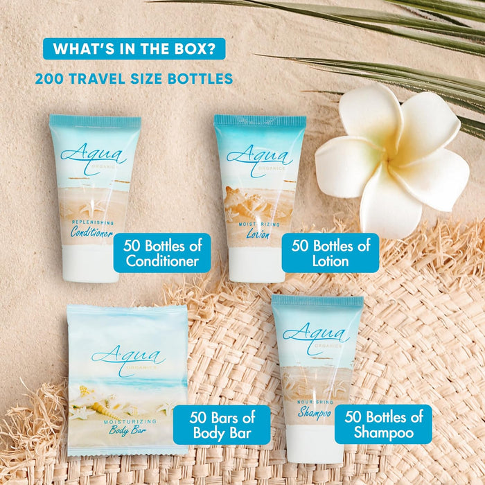 Aqua Organics Hotel Soaps and Toiletries Bulk Set | 1-Shoppe All-In-Kit Amenities for Hotels & Airbnb | 1 oz Hotel Shampoo, Conditioner & Lotion, 1 oz Bar Soap Travel Size | 200 Pieces