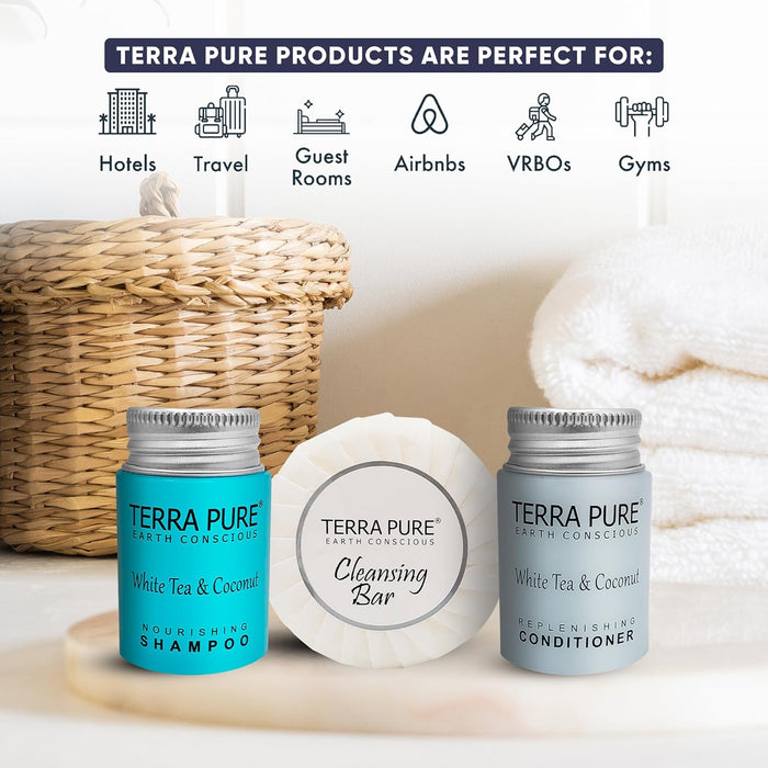 Terra Pure White Tea and Coconut Hotel Soaps and Toiletries Bulk Set | 1-Shoppe All-In-Kit Amenities for Hotels & Airbnb | 1 oz Hotel Shampoo & Conditioner, 1.25 oz Bar Soap Travel Size | 150 Pieces