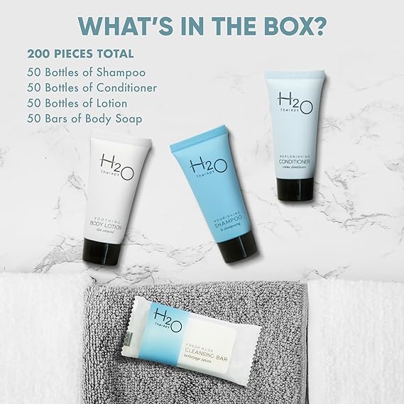 H2O Therapy Hotel Soaps and Toiletries Bulk Set | 1-Shoppe All-In-Kit Amenities for Hotels & Airbnb | 0.85 oz Hotel Shampoo, Conditioner & Lotion, 1 oz Bar Soap Travel Size | 200 Pieces