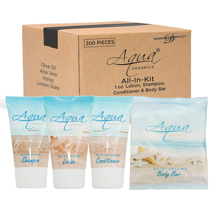 Aqua Organics Hotel Soaps and Toiletries Bulk Set | 1-Shoppe All-In-Kit Amenities for Hotels & Airbnb | 1 oz Hotel Shampoo, Conditioner & Lotion, 1 oz Bar Soap Travel Size | 200 Pieces