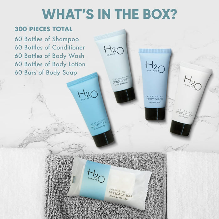 H2O Therapy Hotel Soaps and Toiletries Bulk Set | 1-Shoppe All-In-Kit Amenities for Hotels & Airbnb | .85oz Hotel Shampoo & Conditioner, Body Wash, Body Lotion & 1 oz Bar Soap Travel Size | 300 Pieces