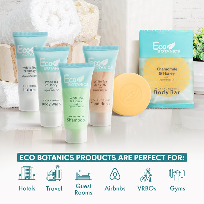 Terra Pure Eco Botanics Hotel Soaps and Toiletries Bulk Set | 1-Shoppe All-In-Kit Amenities for Hotels |0.85oz Shampoo & Conditioner, Body Wash, Body Lotion & 0.89oz Bar Soap Travel Size | 75 Pieces