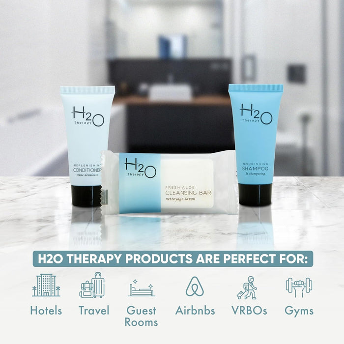 H2O Therapy Hotel Soaps and Toiletries Bulk Set | 1-Shoppe All-In-Kit Amenities for Hotels & Airbnb | 0.85 oz Hotel Shampoo & Conditioner, 1 oz Bar Soap Travel Size | 150 Pieces