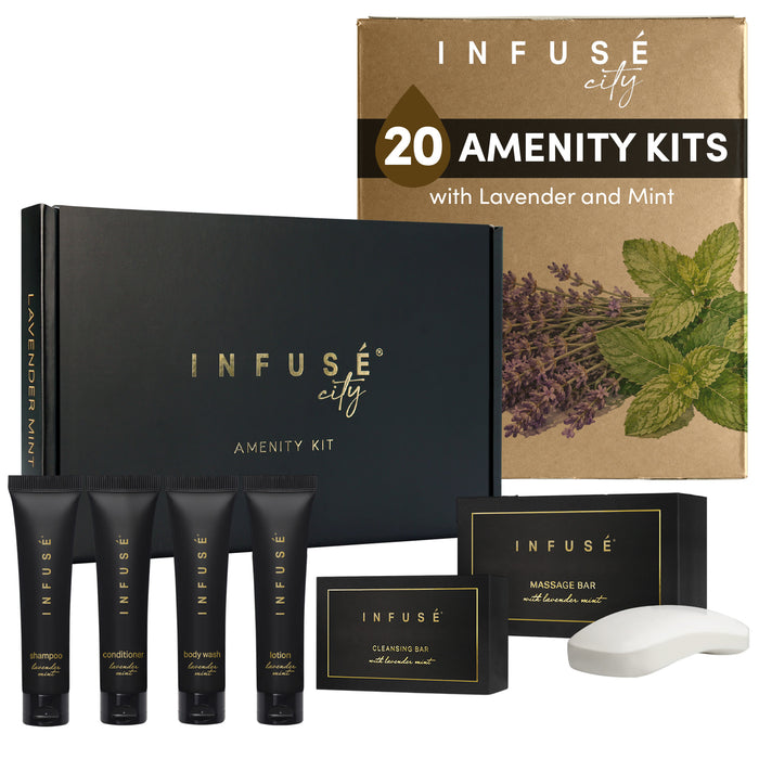 20 INFUSÉ Amenity Kits with 1 oz Shampoo, Conditioner, Lotion & 2 Bar Soap