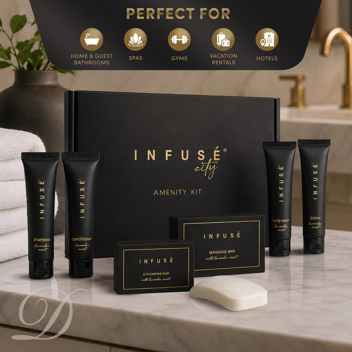 20 INFUSÉ Amenity Kits with 1 oz Shampoo, Conditioner, Lotion & 2 Bar Soap