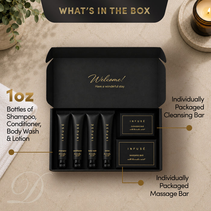 20 INFUSÉ Amenity Kits with 1 oz Shampoo, Conditioner, Lotion & 2 Bar Soap