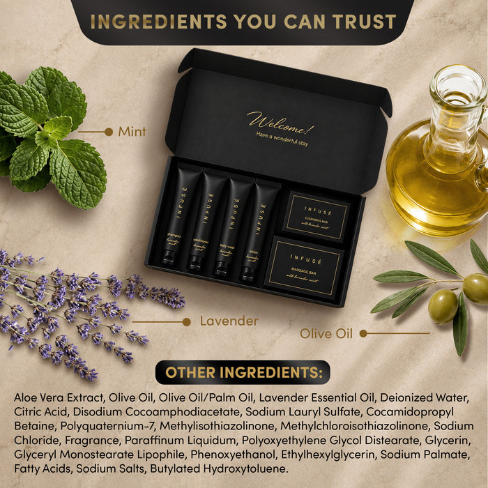 20 INFUSÉ Amenity Kits with 1 oz Shampoo, Conditioner, Lotion & 2 Bar Soap