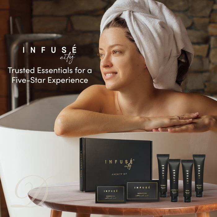 20 INFUSÉ Amenity Kits with 1 oz Shampoo, Conditioner, Lotion & 2 Bar Soap
