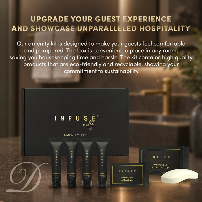 20 INFUSÉ Amenity Kits with 1 oz Shampoo, Conditioner, Lotion & 2 Bar Soap