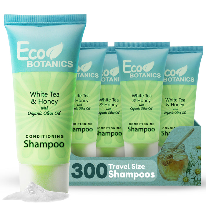 Travel Size Hotel Shampoo 300 Count 0.85 oz Bottles Guest Amenities for Vacation Rentals and Short Term Rentals Paraben Free White Tea Scent Infused with Aloe Honey and Olive Oil by Eco Botanics