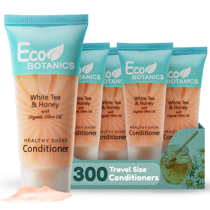 Travel Size Hotel Conditioner 300 Count 0.85oz Bottles Guest Amenities for Vacation Rentals & Short Term Rentals Paraben Free White Tea Scent Infused with Aloe Honey and Olive Oil by Eco Botanics