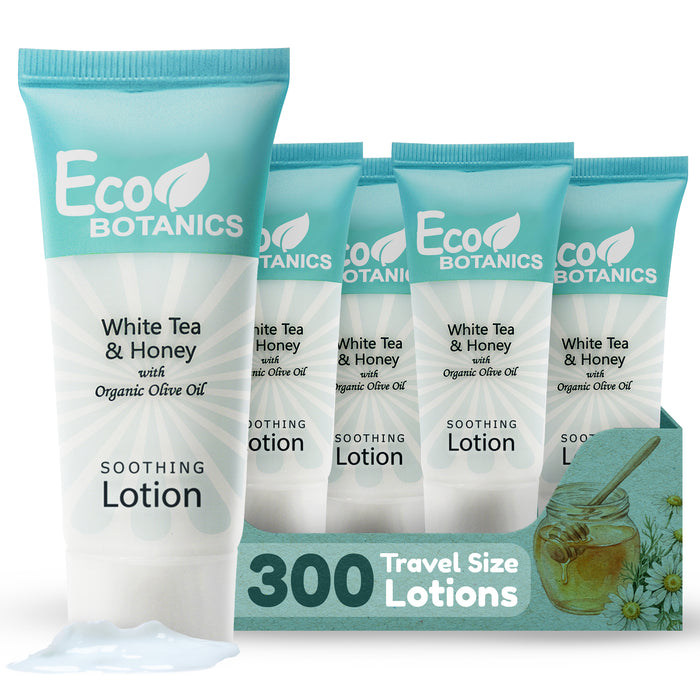 Travel Size Hotel Body Lotion 300 Count 0.85 oz Bottles Guest Amenities for Vacation Rentals & Short Term Rentals Paraben Free White Tea Scent Infused with Aloe Honey and Olive Oil by Eco Botanics
