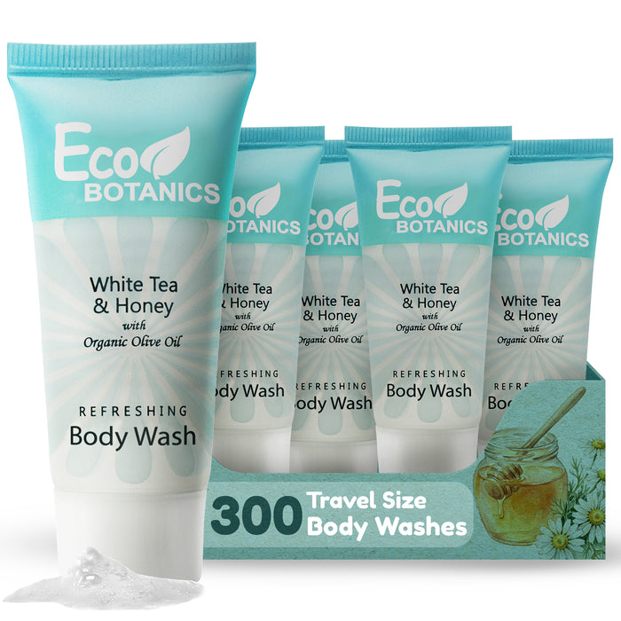 Travel Size Hotel Body Wash 300 Count 0.85 oz Bottles Guest Amenities for Vacation Rentals & Short Term Rentals Paraben Free White Tea Scent Infused with Aloe Honey and Olive Oil by Eco Botanics