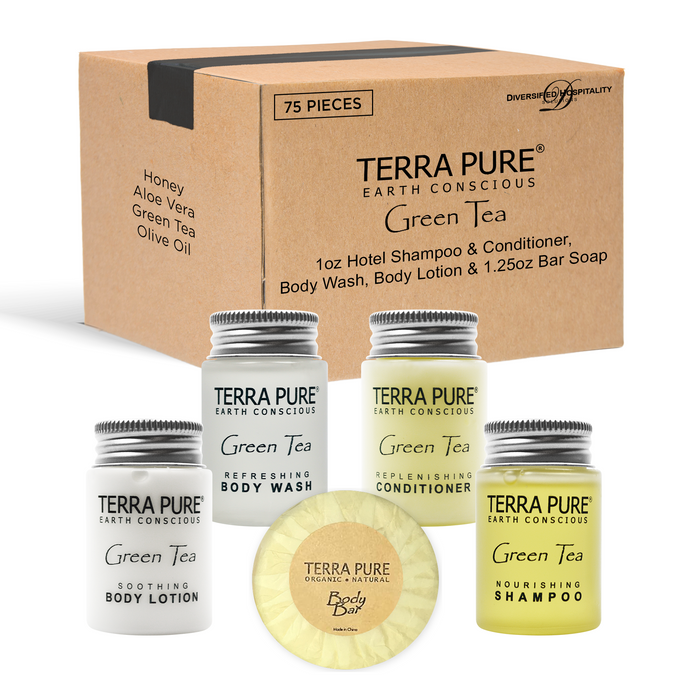 Terra Pure Hotel Soaps and Toiletries Bulk Set | 1-Shoppe All-In-Kit Amenities for Hotels | 1 oz. Hotel Shampoo & Conditioner, Body Wash, Body Lotion & 1.25oz Bar Soap Travel Size Toiletries | 75 Pieces