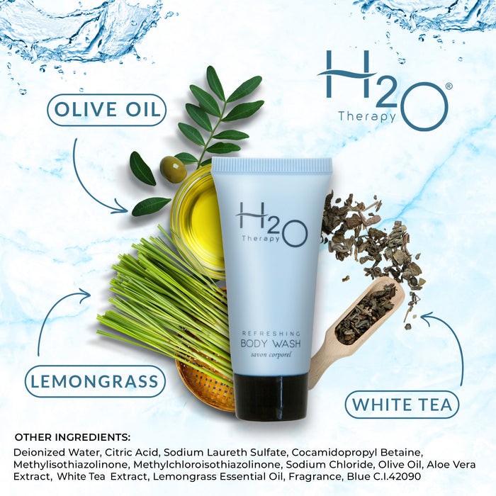 Travel Size Hotel Body Wash 300 Count 0.85 oz Bottles Guest Amenities for Hotels Vacation Rentals and Short Term Rentals Paraben Free Green Tea Scent Infused with Aloe and Olive Oil by H2O Therapy