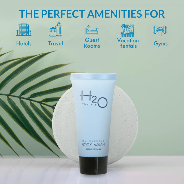 Travel Size Hotel Body Wash 300 Count 0.85 oz Bottles Guest Amenities for Hotels Vacation Rentals and Short Term Rentals Paraben Free Green Tea Scent Infused with Aloe and Olive Oil by H2O Therapy
