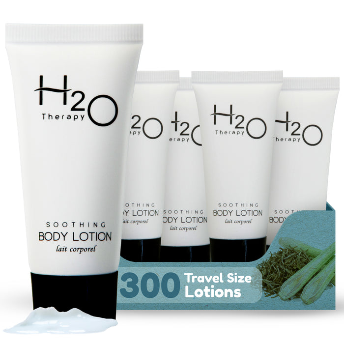 Travel Size Hotel Body Lotion 300 Count 0.85 oz Bottles Guest Amenities for Hotels Vacation Rentals and Short Term Rentals Paraben Free Green Tea Scent Infused with Aloe and Olive Oil by H2O Therapy