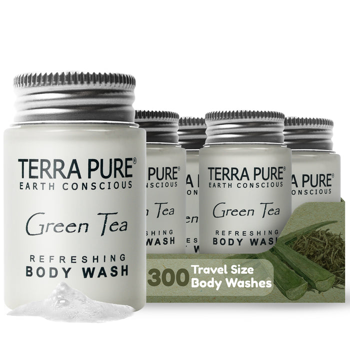 Travel Size Hotel Body Wash 300 Count 1 oz Bottles Guest Amenities for Hotels Vacation Rentals and Short Term Rentals Paraben Free Green Tea Scent Infused with Aloe and Olive Oil by Terra Pure