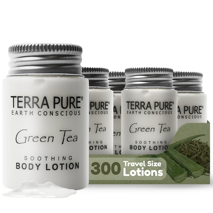 Travel Size Hotel Body Lotion 300 Count 1 oz Bottles Guest Amenities for Hotels Vacation Rentals and Short Term Rentals Paraben Free Green Tea Scent Infused with Aloe and Olive Oil by Terra Pure