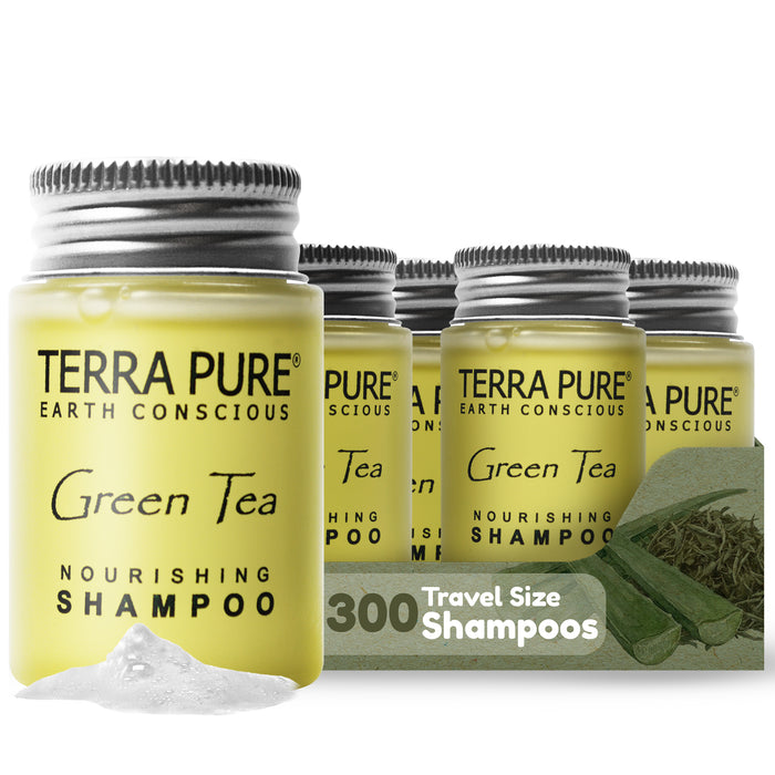 Travel Size Hotel Shampoo 300 Count 1 oz Bottles Guest Amenities for Hotels Vacation Rentals and Short Term Rentals Paraben Free Green Tea Scent Infused with Aloe and Olive Oil by Terra Pure