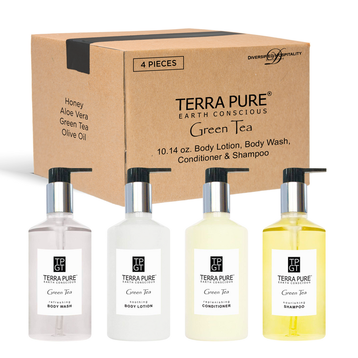 Terra Pure Green Tea | 1 Shampoo, 1 Conditioner, 1 Body Lotion & 1 Body Wash | 10.14oz Hotel Soaps and Toiletries Bulk | Personal Care Products
