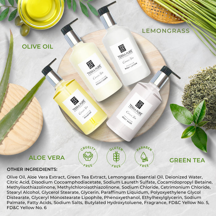 Terra Pure Green Tea | 1 Shampoo, 1 Conditioner, 1 Body Lotion & 1 Body Wash | 10.14oz Hotel Soaps and Toiletries Bulk | Personal Care Products