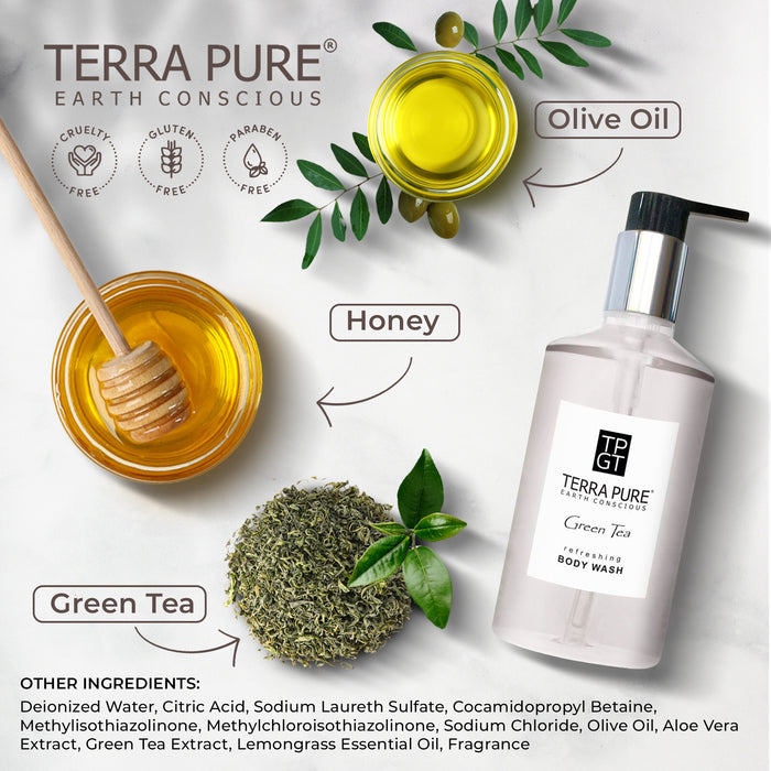 Terra Pure Green Tea Body Wash, 10.14 oz. With Organic Honey And Aloe Vera (Single)