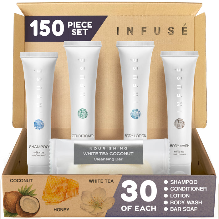 Infuse Pure White Tea and Coconut Hotel Soaps and Toiletries Bulk Set | 1-Shoppe All-In-Kit for Hotels | 1oz Shampoo & Conditioner, Body Wash, Lotion & 1.25oz Bar Soap | Travel Size 150 Pieces